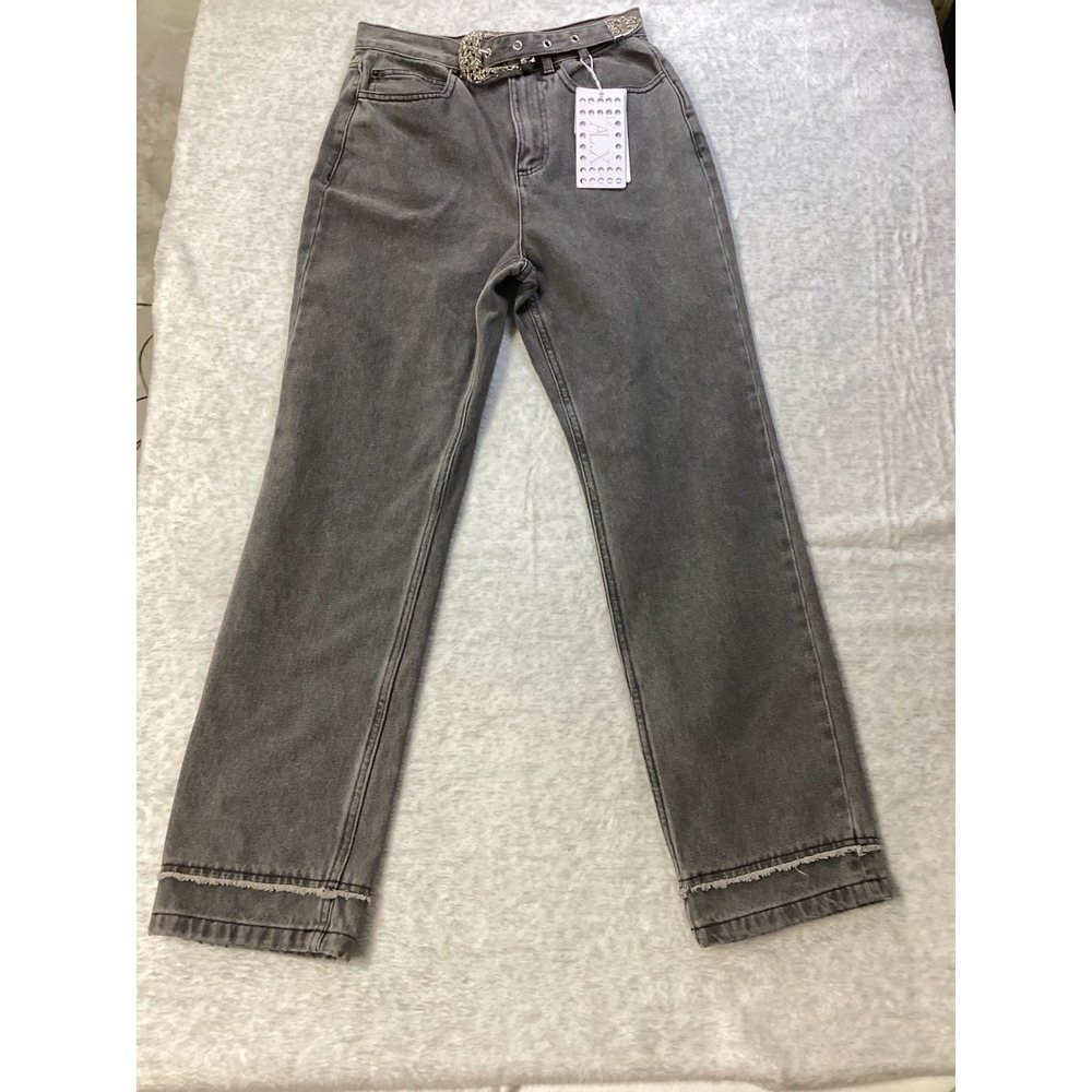 Le ALX Western Belt Jeans Grey‎ High Rise Straight Leg Raw Hem Size 27 NEW